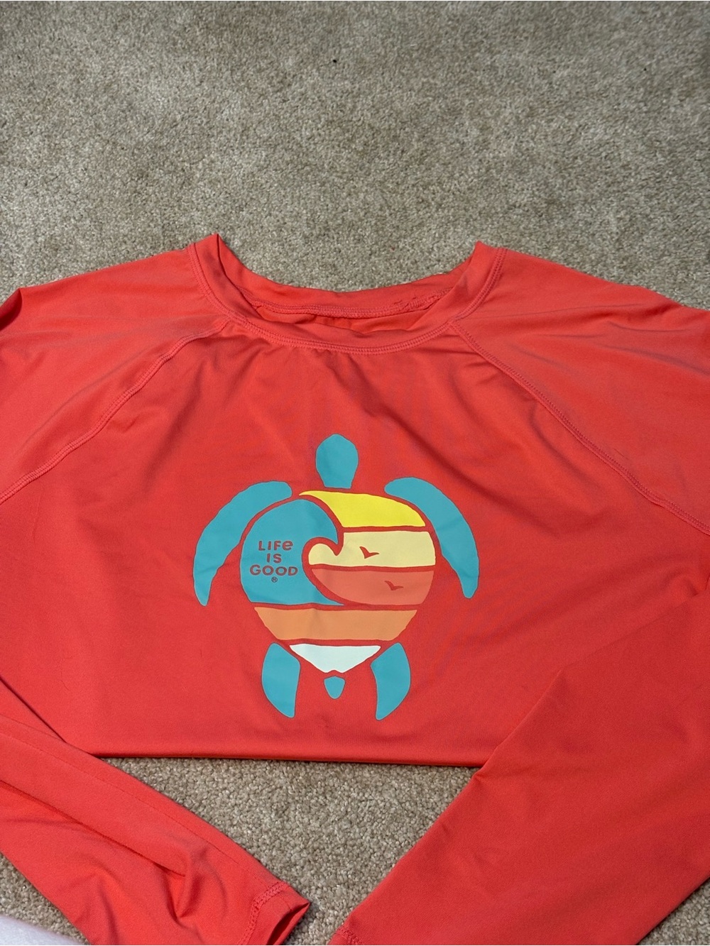 Life Is Good Coral T-Shirt with Teal and Yellow Graphic - rash guard